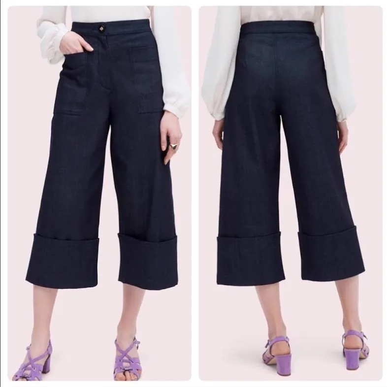 Kate Spade Indigo Blue High Waisted Wide Leg Folded Hem Culottes Jeans Size 8
